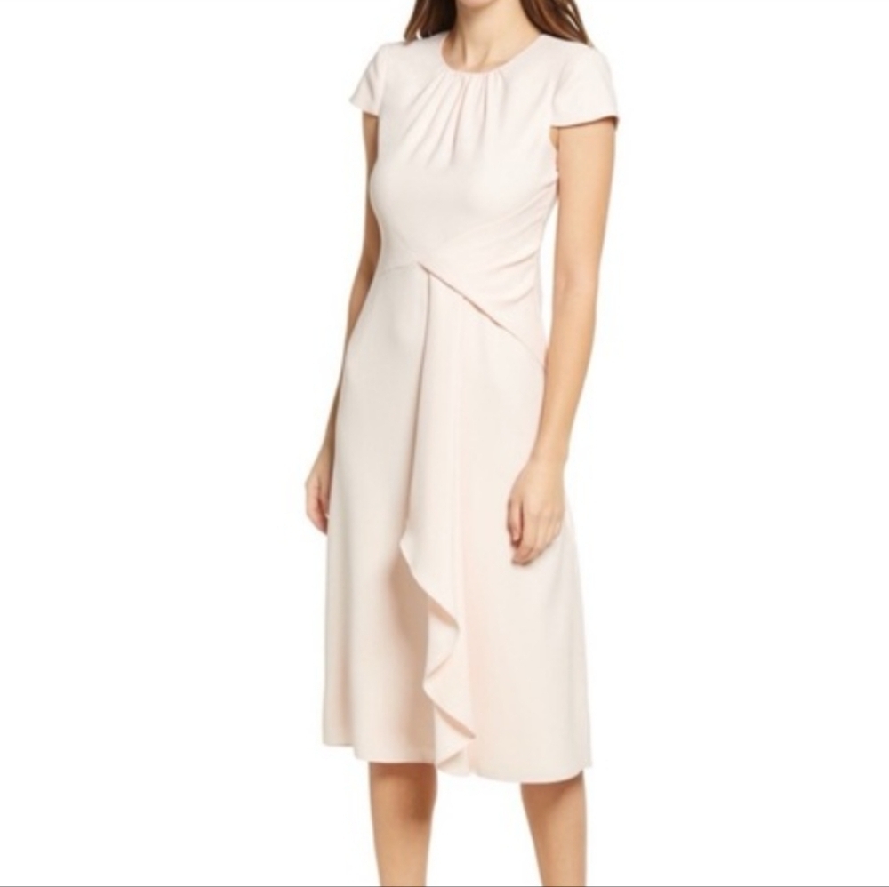 Vince Camuto blush pink satin cap sleeve ruffle detail midi dress